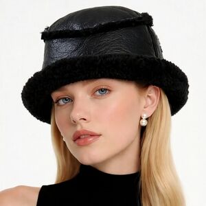 Top of the Range Black Leather Sheerling Hat handmade in Australia.